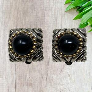 Vtg SJC Southwestern Earrings Silver Modernist Black Cabochon Clip On